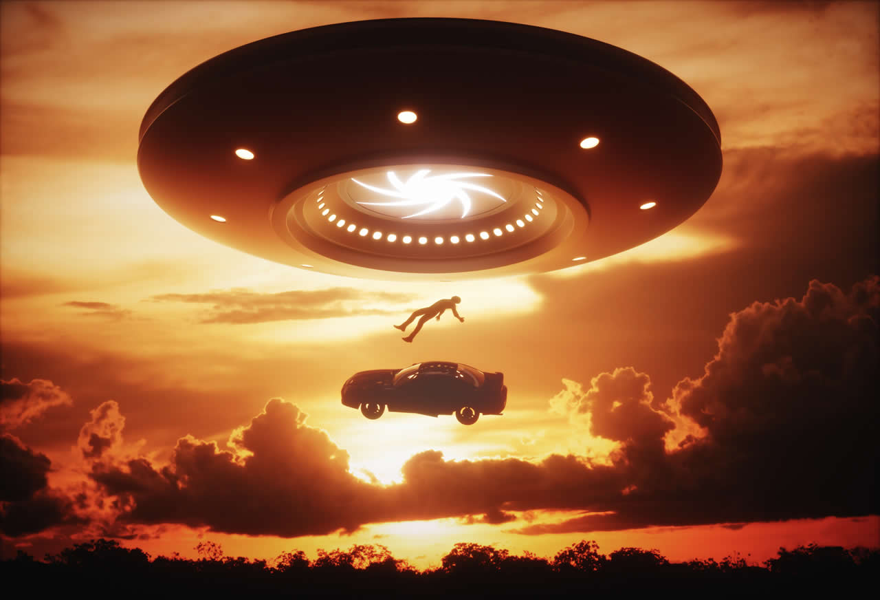 A driver and car being abducted by aliens