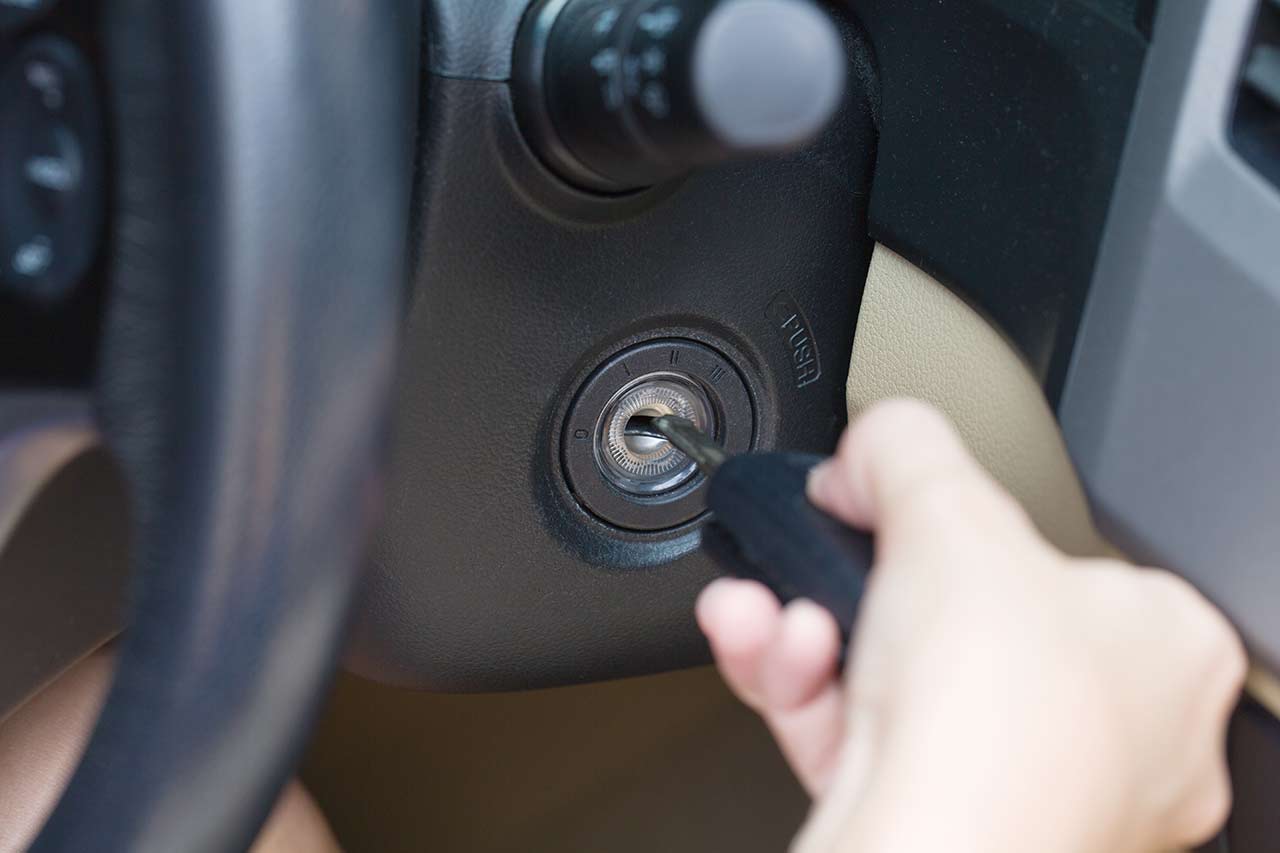 A transponder car key inserted in ignition